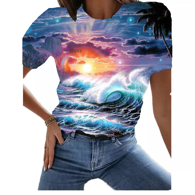 2022 m. Vasaros Moterų Vandenyno Peizažas Atspausdintas T-Shirt Saulėtekio Stiliaus Atsitiktinis trumpomis Rankovėmis T-Shirt Viršuje Reguliariai Laisvi moteriški Marškinėliai