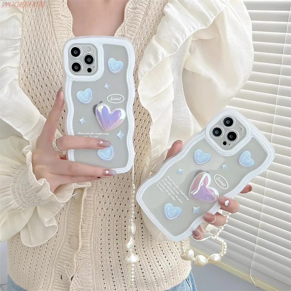 3D Lazeris, Širdies Perle Banga Telefono dėklas Skirtas iPhone 11 12 13 Pro X Xs Max XR 7 8 Plus SE apyrankę ant Riešo Dirželis Skaidrus, Minkštas Viršelis