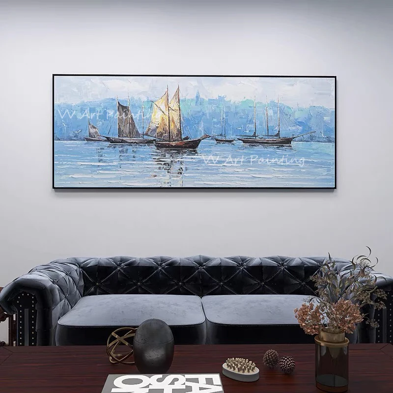 Aukštos Kokybės vandenyno jūros mėlyna drobės storio su burlaivis kraštovaizdžio kūrinys nuotrauką didelio dydžio aliejaus tapybai biuro kambarį
