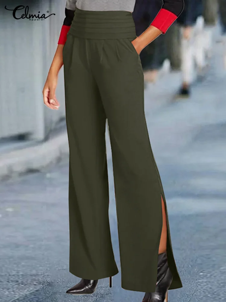 Celmia Elegantiškas Pločio Kojų Kelnės Moterims Streetwear Retro Aukšto Juosmens Plyšine Hem Pantalon 2023 Pavasario Mados Office Lady Ilgos Kelnės