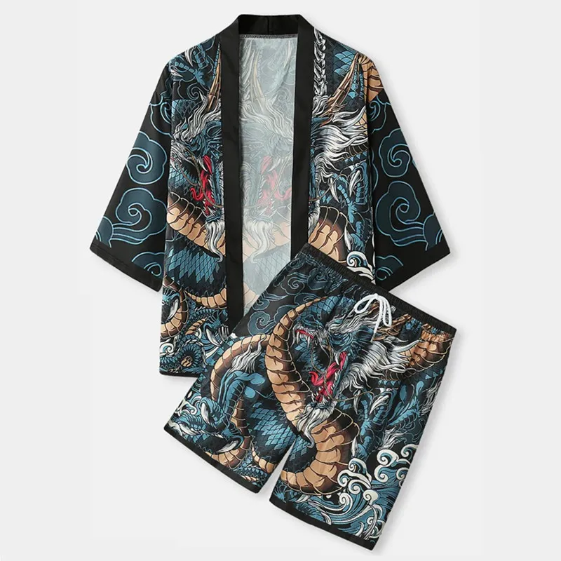 Dviejų Dalių Kostiumas Japonų Stiliaus Dragon Spausdinti Tradicinių Kimono Vyrų Yukata Megztinis Marškinėliai Cosplay Haori Streetwear Viršūnes + Šortai