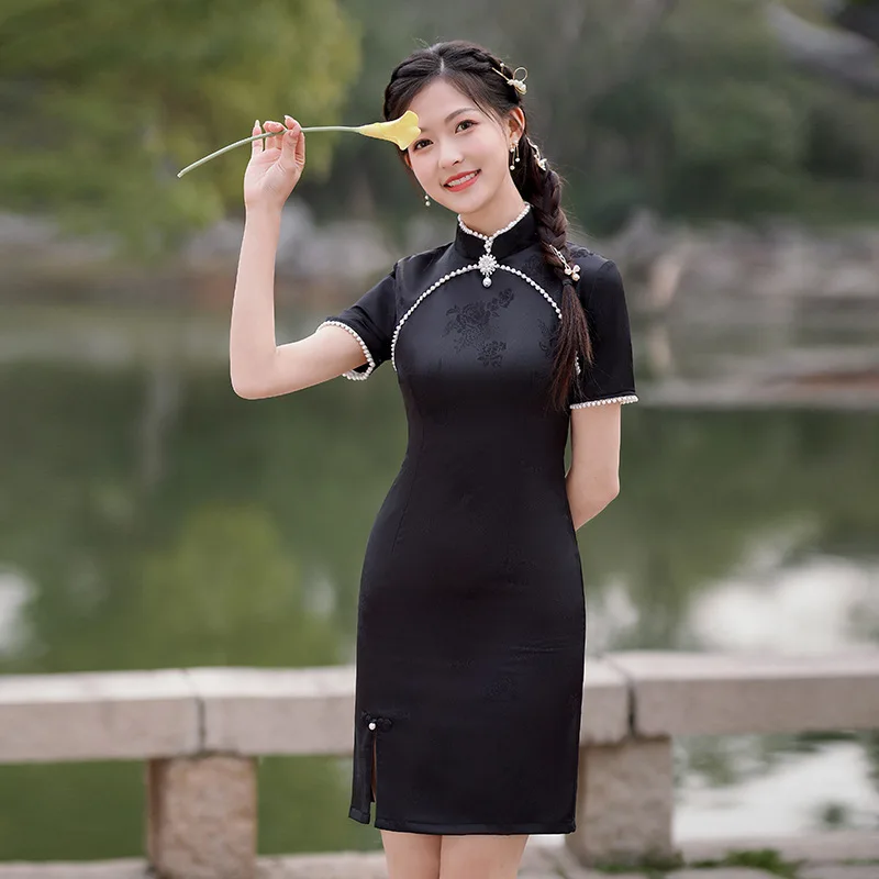 Kinų Stiliaus Pokylių Įžymybė Qipao Vakaro Suknelė Moterims Vasaros Juodos Spalvos Gėlių Spausdinti Cheongsam