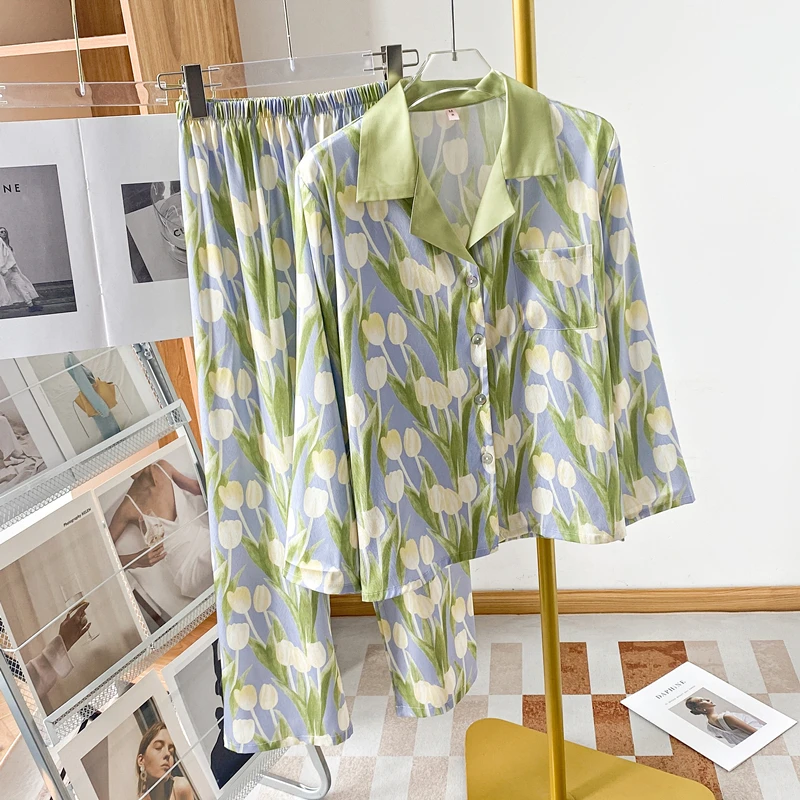 Ledo Šilko Pižama Moterims, Pavasarį Ir Rudenį Aukštos kokybės Sleepwear 2023 Naujas ilgomis Rankovėmis Nustatyti Moterų Namuose Dėvėti Vasarą