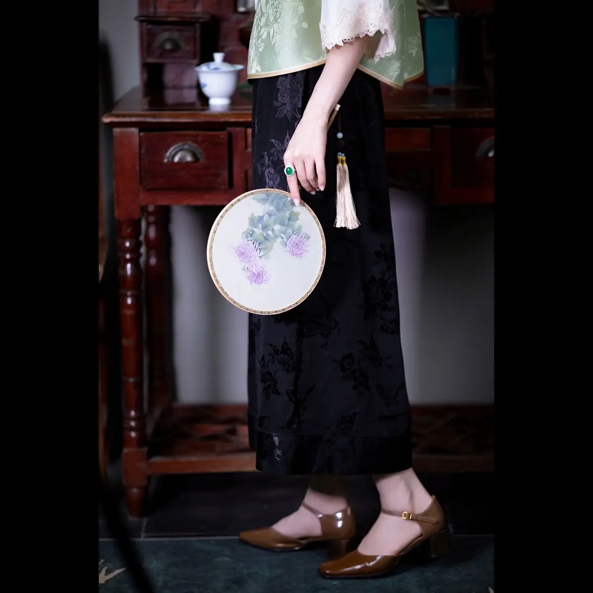 Pavasario Kinijos Retro Stiliaus Satino Žakardo Plataus kojų Kelnės Moterų Neaiškių Tango Kostiumas Kung Fu Atsitiktinis Juoda Laisvi, Tiesūs kojų Kelnės