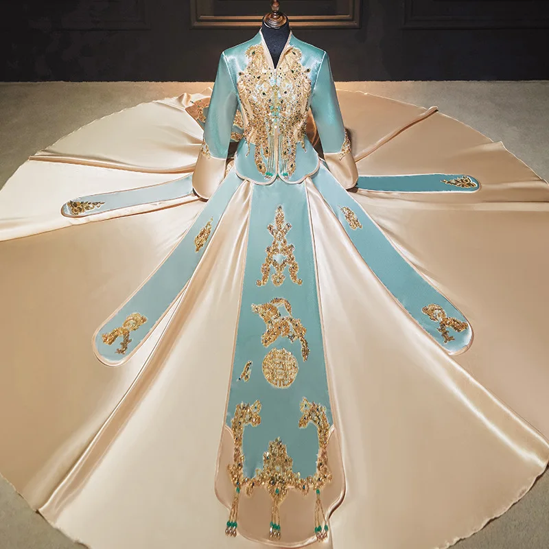 Retro Išskirtinį Duobute Siuvinėjimo Kutas Kinijos Cheongsam Pora Vestuvių Kostiumą Elegantiškas Bride Tuoktis Suknelė китайская одежда
