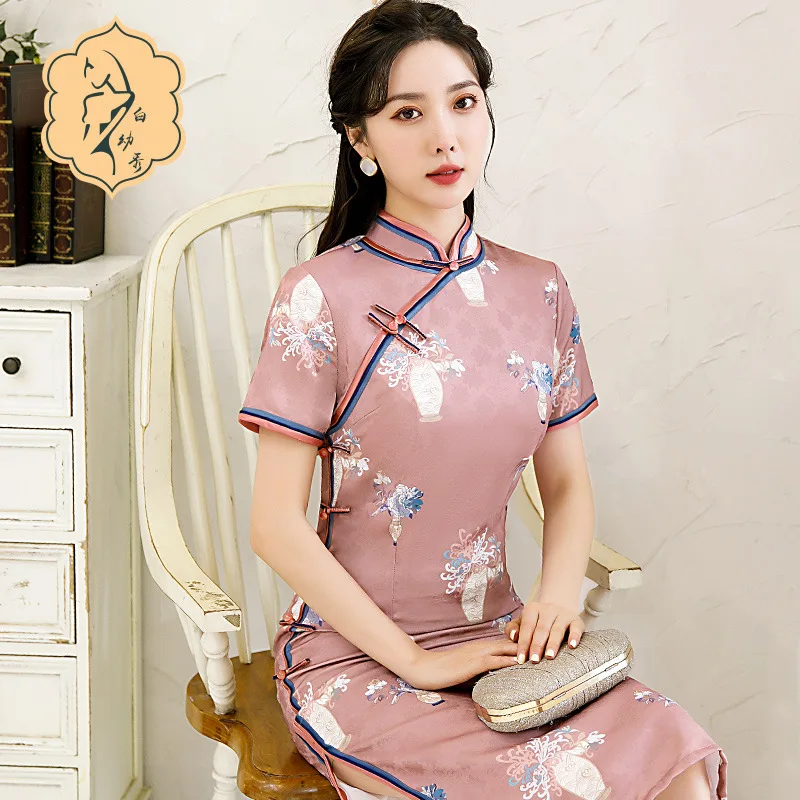 Rudenį Elegantiškas Trumpas Rankovės Aukštis Padalinta Cheongsam Seksualus Mandarinų Apykaklės, Kinijos Moterims Spausdinti Satino Qipao