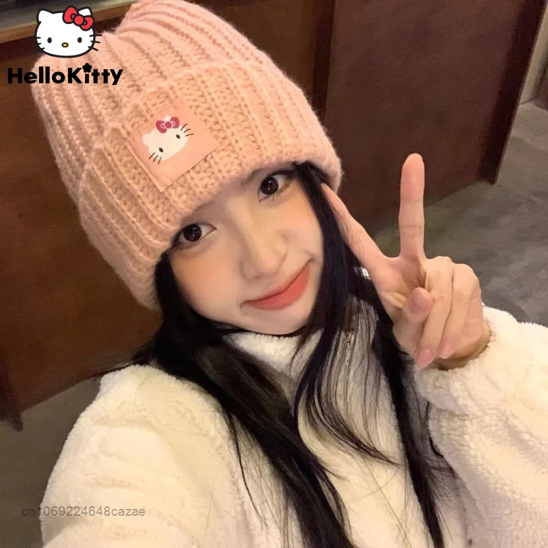 Sanrio Hello Kitty Naujos Bžūp Animacinių Filmų Megzti Skrybėlę Moterų Korėjos Tendencija Apdangalai, Priedai Rudenį, Žiemą Šilta Kepurės Y2k Mielas Kepurės