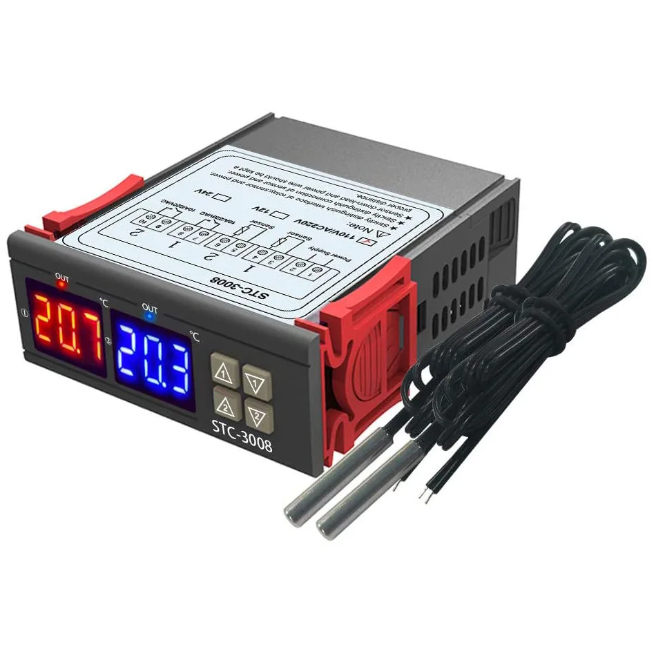 STC-3008 dvigubas ekranas dviguba temperatūros kompiuteris, skaitmeninis displėjus, protingas termostatas reguliuojamas jungikliu