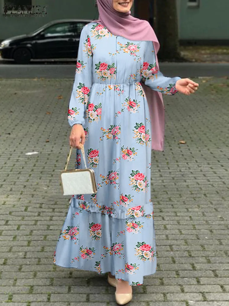ZANZEA Moterų Bohemijos ilgomis Rankovėmis Raukiniai Sundress Skraiste Femme Abaja Hijab Vestido Derliaus Gėlių Spausdinti Musulmonų Turkija Suknelė